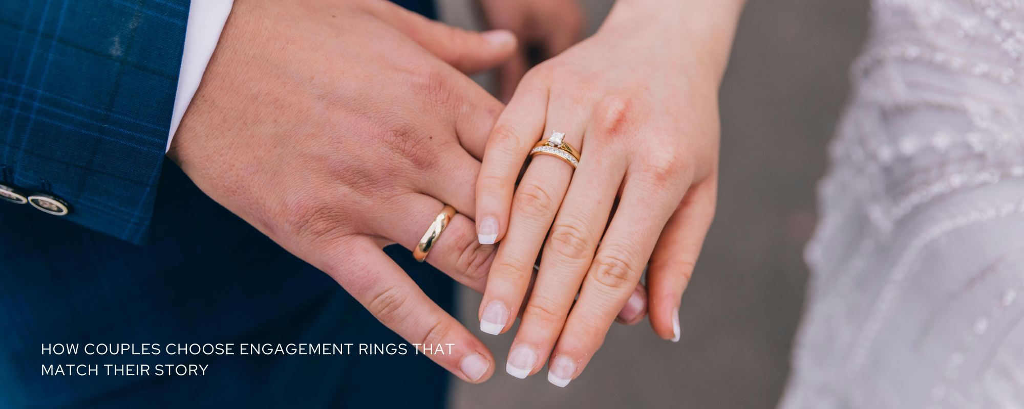 A couple wearing matching diamond and gold engagement rings on their finger that look supportive and lightweight.